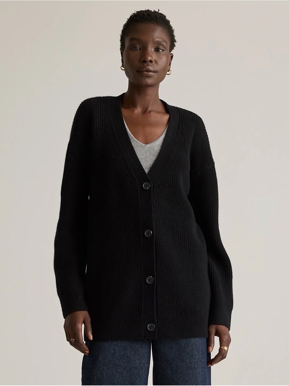 QUINCE 100% Mongolian Cashmere Oversized Boyfriend Cardigan Sweater Black L